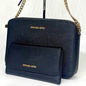 Michael Kors Jet Set Large Logo Crossbody Bag & Matching Trifold Wallet Black